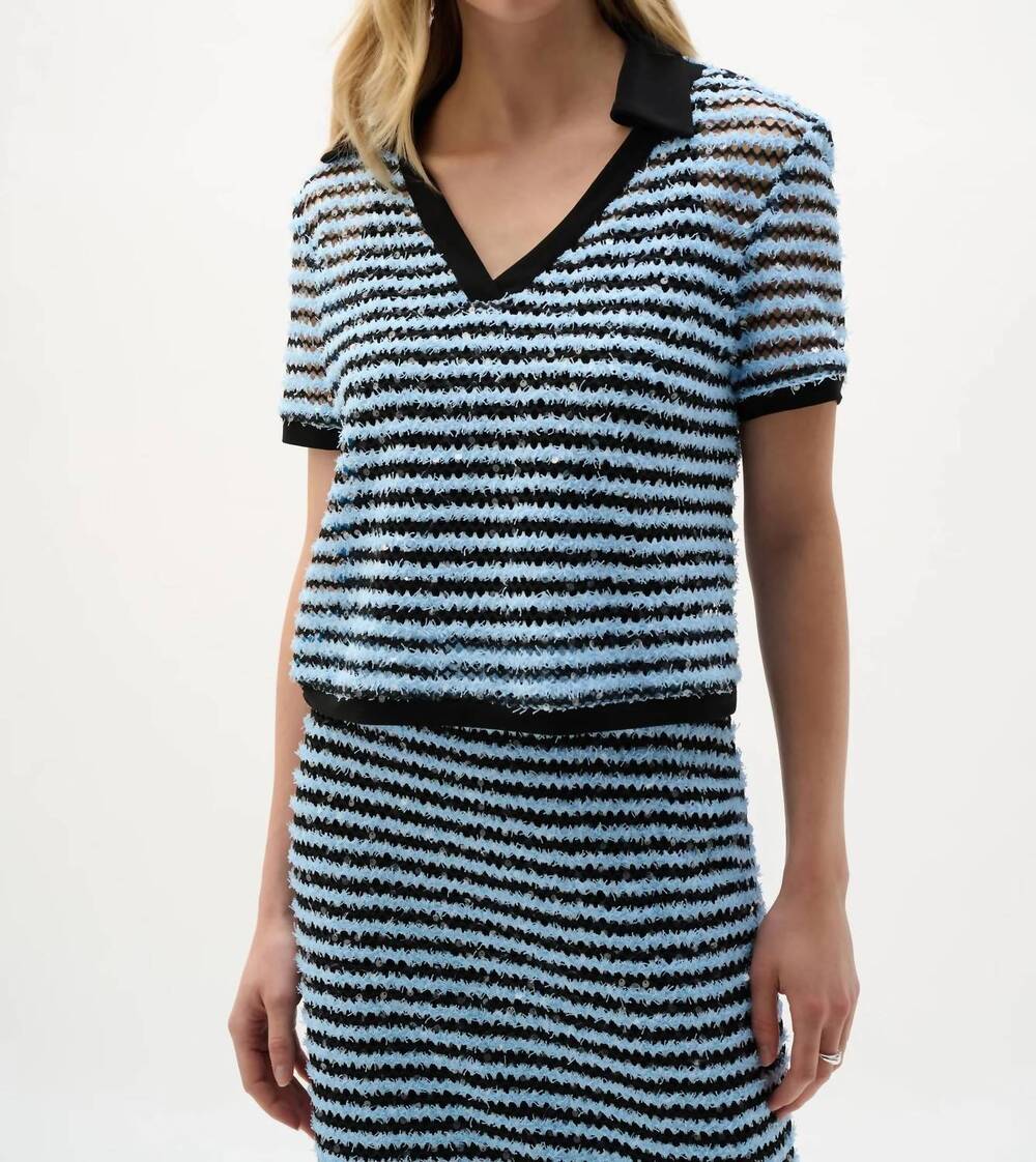 NEW JOSEPH RIBKOFF textured stripe short sleeve top in blue/black